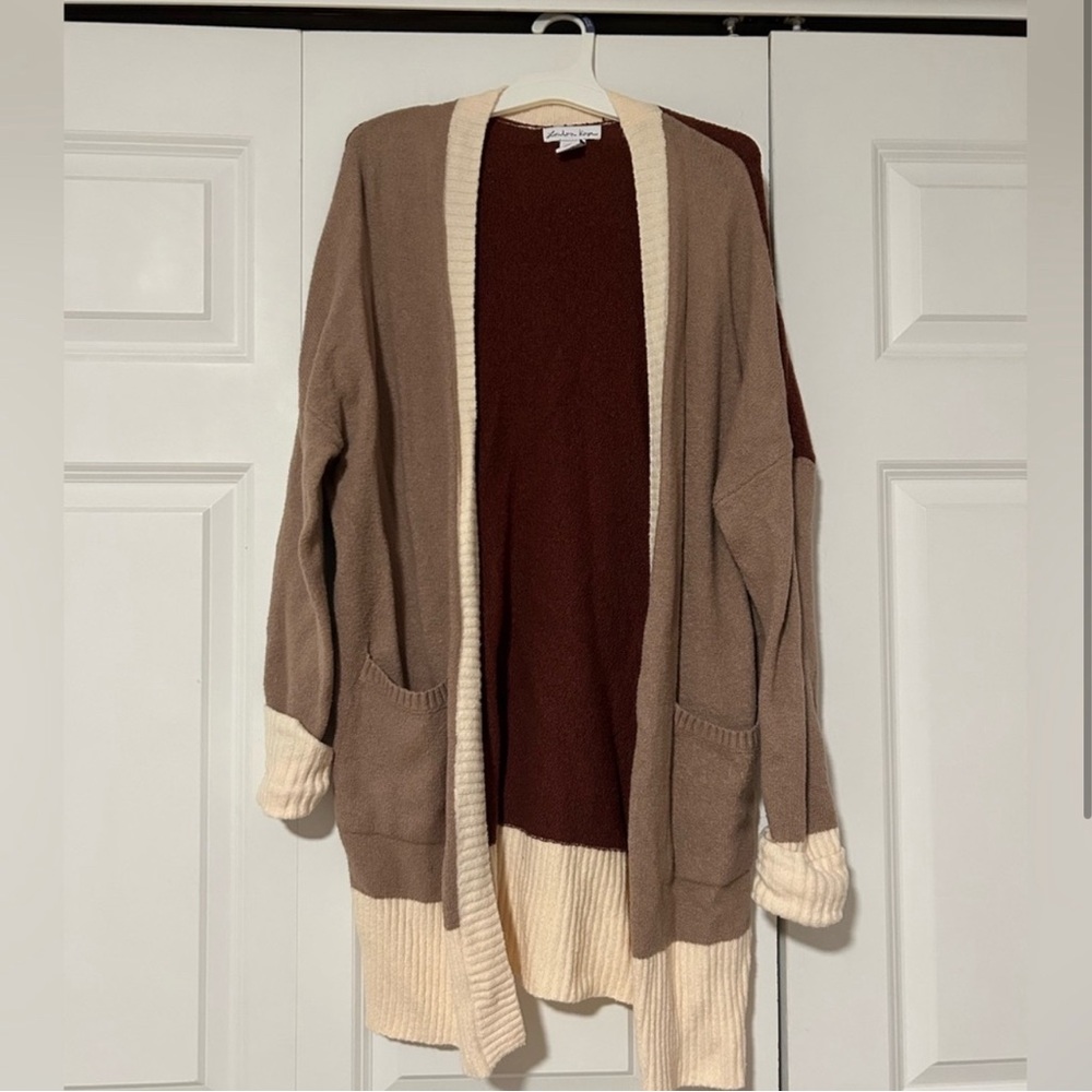 London Kaye Neutral and Brown Colorblock Cardigan, Size: Small